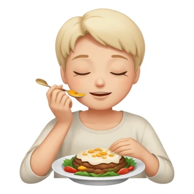 person with closed eyes and blissful expression enjoying delicious food sticker