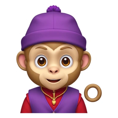 Cute monkey inspired by Abu from Aladdin, big expressive eyes, purple vest, red fez hat, mischievous grin. Emoji-style, bold outlines, bright colors, centered face on transparent background, high quality, vector style. sticker