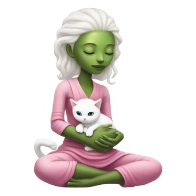 Reptilian alien woman, in meditation pink dress hugs a white cat sticker