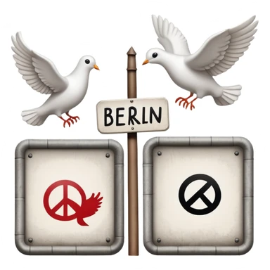 close-up of protest signs with peace dove and Berlin Wall, 1950s and 60s sticker