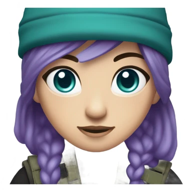 White Girl, tactical vest, dark pants, long teal and purple hair, blue eyes, purple beanie hat, knife, black combat boots sticker