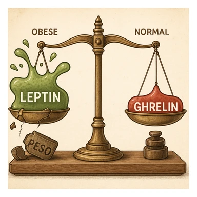 endocrinology diagram of a balance scale with leptin in green and ghrelin in red; obese side with overflowing leptin, scale blocked, broken weights labeled 'Peso'; normal weight side with balanced scale; medical illustration, detailed, 4K resolution sticker