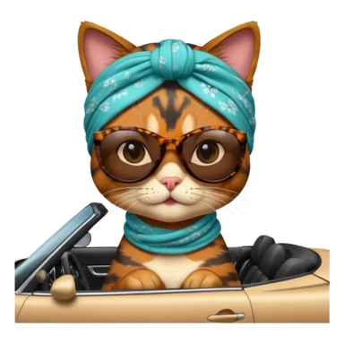 Tortoiseshell cat in a convertible wearing sunglasses and a head scarf sticker