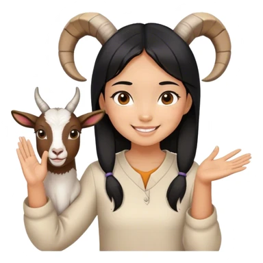 Asian girl with black hair and tanned skin, brown eyes smiling and holding hands with goat gesture sticker