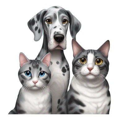 Blue Merle Great Dane next to two tabby cats and one black cat sticker