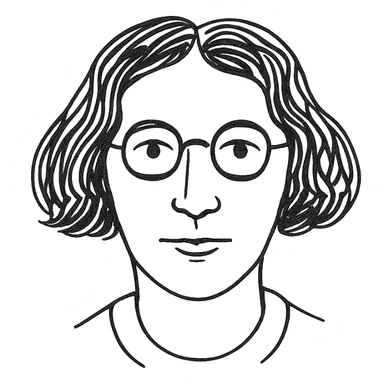 a hand drawn black outline portrait of philosopher Simone Weil with similar size eyes based a famous photograph of her sticker