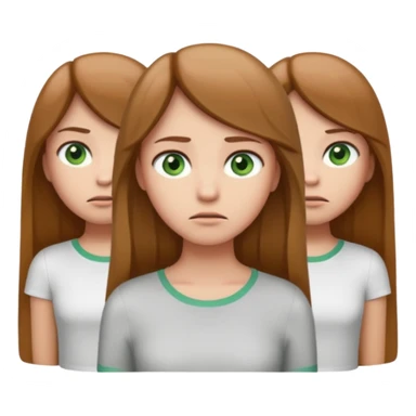 Cartoon emoji of a girl with long, straight light brown hair, fair skin, soft green eyes. Wearing a white top, standing slightly apart from a group, looking unsure and miserable. Nervous, fearful, lacking confidence. Smooth, simple, stylized." sticker