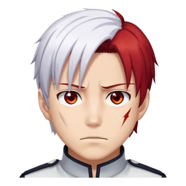 Shoto Todoroki face only, left side white hair, right side red hair, heterochromatic eyes, burn scar on left side of face, serious expression sticker
