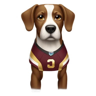 Black white and tan dog in a maroon and gold football uniform  sticker