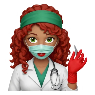 Lilith scalpel in hand, evil surgeon sexy surgeon clothes.  She has green  eyes. She brown long curly hair. Wears sexy doctor outfit with red gloves.hair is free and brown  Wears red bandana to hide  her mouth and nose sticker