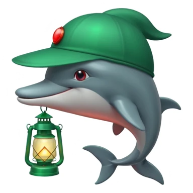 dolphin wearing green hat and a lantern with red light sticker