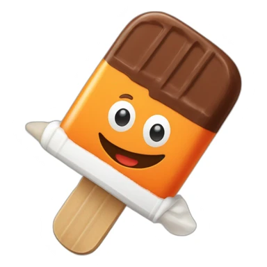 a popsicle with one orange stripe, a white stripe and a chocolate top, which is wearing a sword sticker