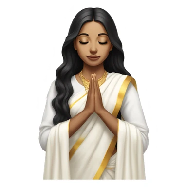 Light skin ;Black long hair wearing white saree praying infront a white temple sticker