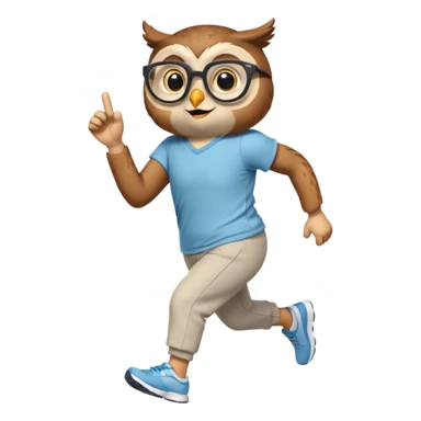 friendly anthropomorphised owl in pants and a shirt, wearing glasses, jogging upright, standard pose sticker