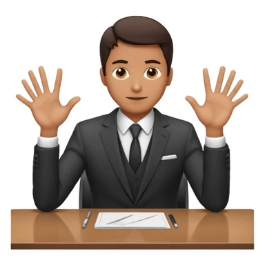 man at table, dramatic gesture, focused on work sticker