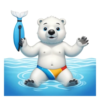 friendly anthropomorphised polar bear swimming in a wide pool, wearing colorful swim trunks and snorkel gear sticker