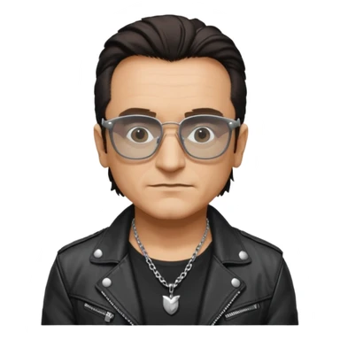 Bono with black glasses, shirt with silver necklace, black leather jacket  sticker
