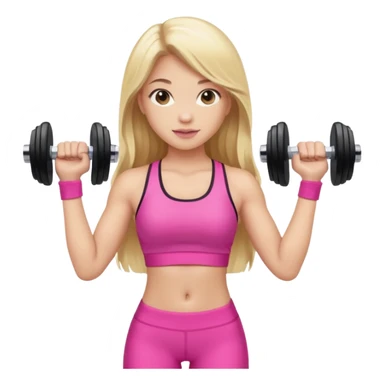 beautiful girl with brown hairs in sport wear in her hands is dumbbells her skin was light and hairs too and her sport wear was pink  her hair was long and blonde  sticker