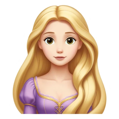 Cinematic Timeless Rapunzel Portrait Emoji, rendered in a clean, vector style. Depict Rapunzel with porcelain skin, beautifully styled long golden hair, and a serene, graceful expression, dressed in her classic gown. The design features bold, clean lines, a soft, magical glow, and a subtle glowing outline that captures her timeless, fairy-tale beauty. sticker