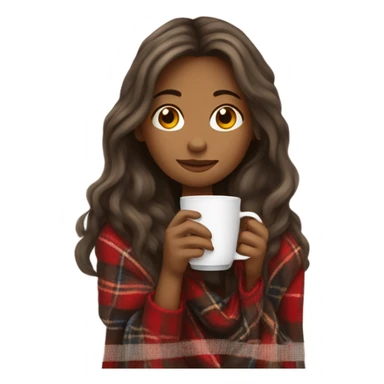 Beautiful girl with long hair wrapped in cozy plaid blanket drinking coffee sticker