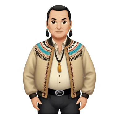 unhealthy steven segal standing balding with ponytail. pot belly. native american style jacket-with-tassles black pants big belly sticker
