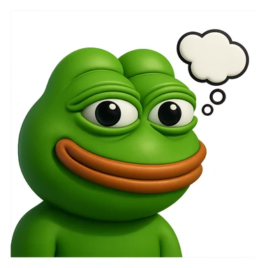 make a pepe in bright green smiling and looking straight at the camera with thought bubble looking at right right in 3d style, good highlights and shadows, drop shadows sticker