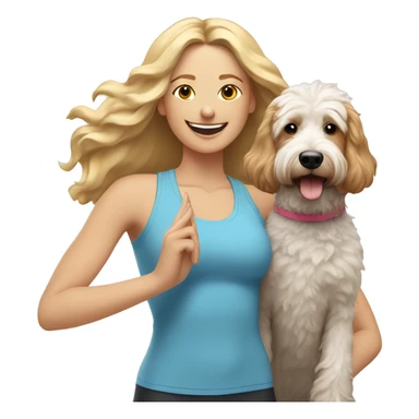 woman with long blonde hair expressing joy dressed in a yoga outfit alongside a tri-colored bernadoodle dog sticker