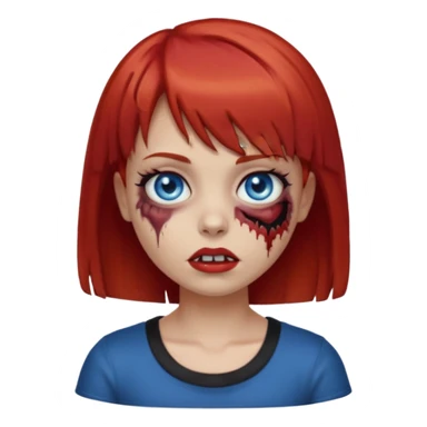 Zombie girl emoji with short red hair and bangs. Blue eyes, fair skin, and a black top. sticker