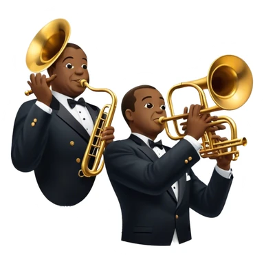 Icon for Jazz Music: collage of Louis Armstrong with his trumpet and Glenn Miller with his orchestra. Silhouettes of musicians, brass instruments, and musical notes. The design should convey the classic, smooth vibe of jazz. Transparent background. sticker