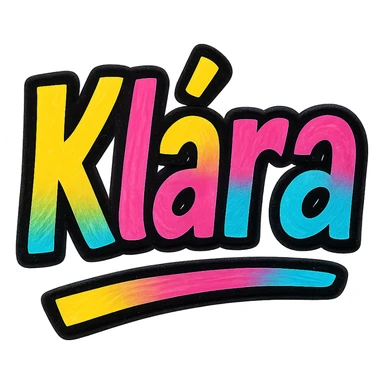 Klára name in modern colorful gradient font with dark outline, dynamic slanted or partial underline, in the style of reference patterns sticker