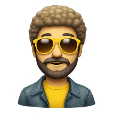 a man with a beard wearing yellow sunglasses with a mushroom on his head sticker