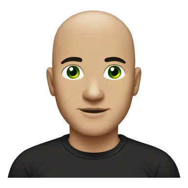 bald young guy with white eyebrows, green eyes and in black t-shirt sticker