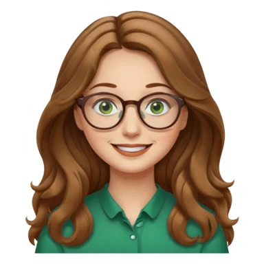 long wavy light brown hair woman with green eyes and glasses smiling closed mouth. middle part hair.  sticker