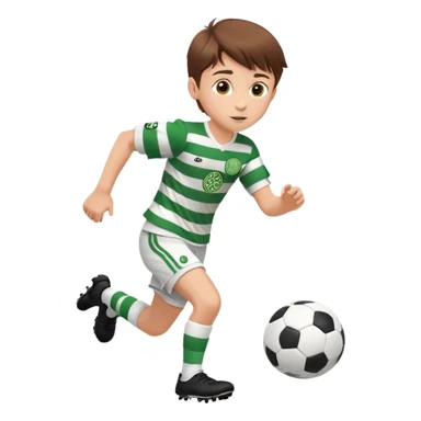Celtic footballer jersey logo  6 years old brown hair white boy , brown eyes , stripes uniform , RUNNING  with soccer ball # 17 celtic football logo PUT ONLY ONE LOGO ONE CELTIC LOGO ONLY white shorts sticker