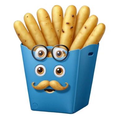 long slim fried potatoes in a blue carton, carton has eyes and mustache sticker