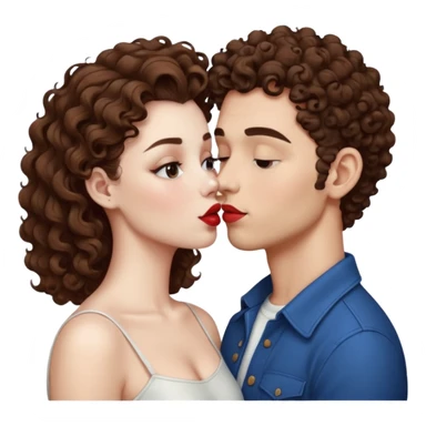 A couple kissing, the man would be white-skinned, mid fade-curly, brown-hair. The serious woman with white skin, brown color sticker