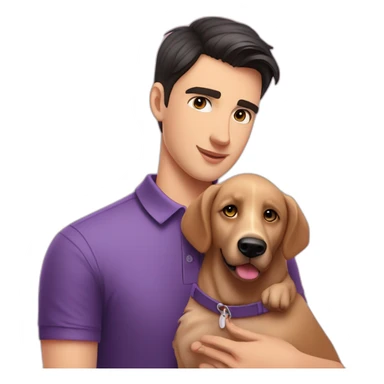 young handsome man with straight short dark hair and dark eyes with large eyelashes and plump pink lips protruding cheekbones in a sports polo shirt hugs a dog sticker