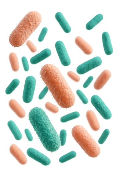 batteri intestinali rosa salmone e turchesi fluttuano in aria, iperrealistici 4k sticker