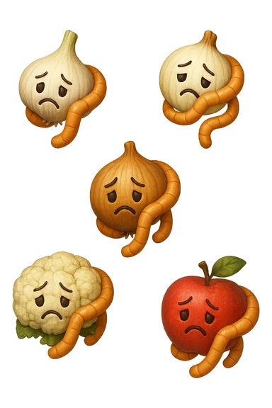 EMOJI STILE IPHONE DI aglio, cipolle, cavolfiore e mele che cadono verticalmente dall'alto con espressione triste con pezzi di colon avvolti intorno, IPERREALISTICO 4K sticker