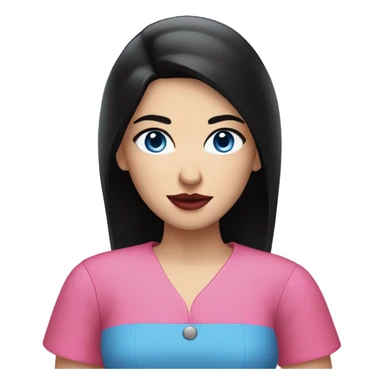 A girl with pale skin, long straight black hair parted in the middle and blue eyes, with bright red lips and a pink shirt  sticker