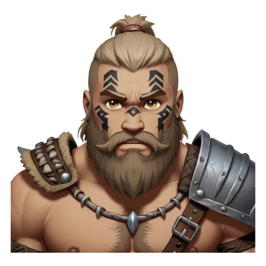 Clash of Clans aesthetic: Cinematic Rugged Barbarian Portrait Emoji, Intense and formidable with a heavily muscled physique, a rugged beard, piercing eyes and battle-worn armor adorned with tribal markings, his complexion a light tan that speaks of hard-fought battles, Simplified yet powerfully detailed features, highly detailed, glowing with a deep, primal energy, high shine, gritty and uncompromising, stylized with an air of raw, untamed power, focused and determined, soft glowing outline, capturing the essence of a barbarian warrior carved by countless battles and poised to lead his clan into epic conflict! sticker
