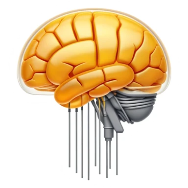 An amber translucent capsule floating in front of an ethereal brain. Thin electric filaments connect from the capsule to the brain synapses like bridges of light. sticker