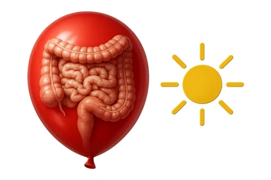 intestino umano anatomico chiuso in un palloncino rosso che simboleggia gonfiore, accanto un simbolo di sole che simboleggia "gonfiori di mattina", iperrealistico 4k sticker