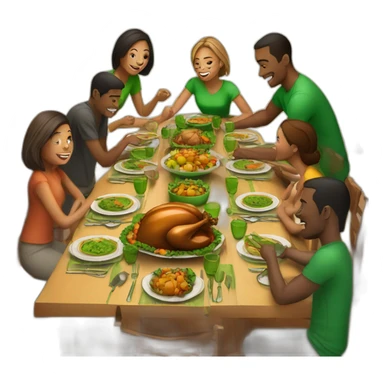 A thanksgiving table surrended by people wearing green t-shirts sticker