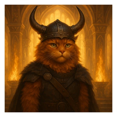 Viking ginger cat with horned helmet, standing in Valhalla, glowing background, fantasy style sticker