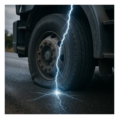 a close-up of a deflated semi tire on a road with a lightning bolt hitting it, realistic style sticker