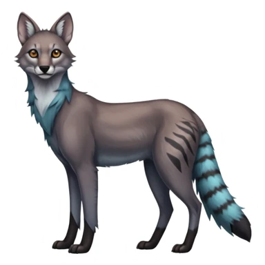 Realistic edgy bluish greyish blackish whitish silvery coppery Shiny Colorful Dusky Dark Gloomy Glossy Maned-Wolf-Genet-Caracal-Lion-Bobcat-fusion-animal-hybrid-creature, full body, tufted ears, long thin tufted tail sticker