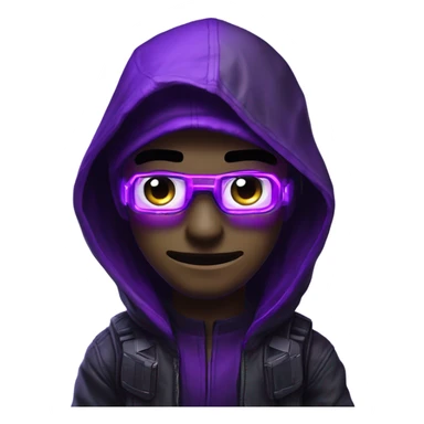 developer behind his laptop with this style : crysis Cyberpunk Valorant neon glowing bright purple character purple violet black hooded assassin themed character sticker