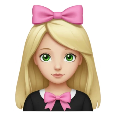 blonde girl middle part long hair , pink bow in hair, plain black top, green eyes. sticker