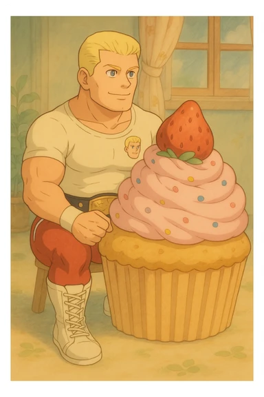 Add a wrestling belt to Cody Rhodes as he sits on the cupcake in Ghibli style. sticker